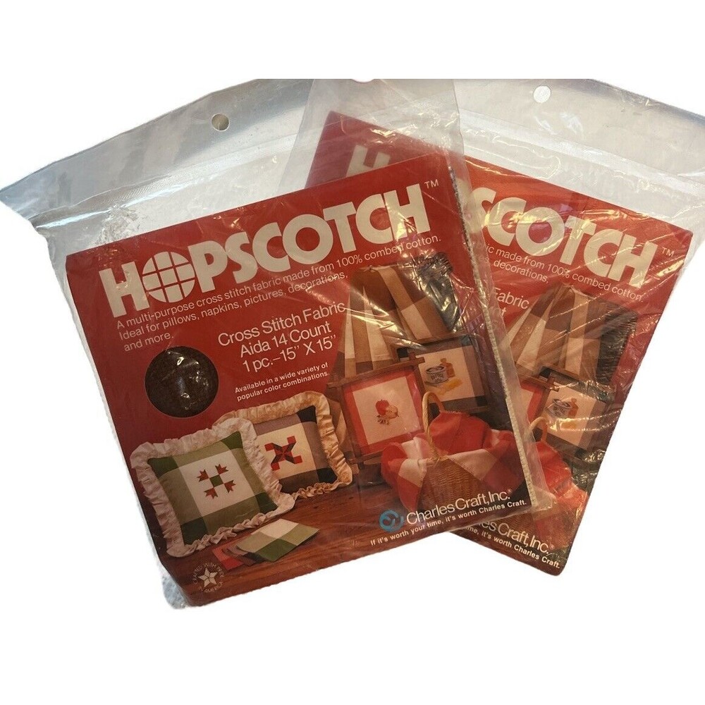 2 HOPSCOTCH Tartan Plaid‎ Cross Stitch Fabric Aida 14 Count 15" x 15" Brown/tan